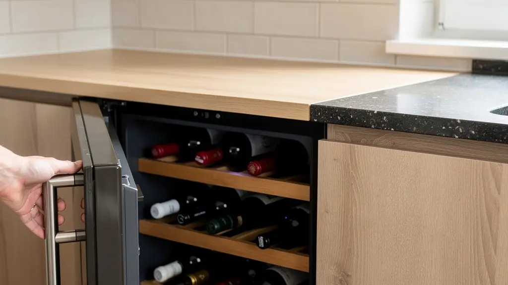 Cave à vin encastrable intégrée sous plan de travail dans cuisine contemporaine
