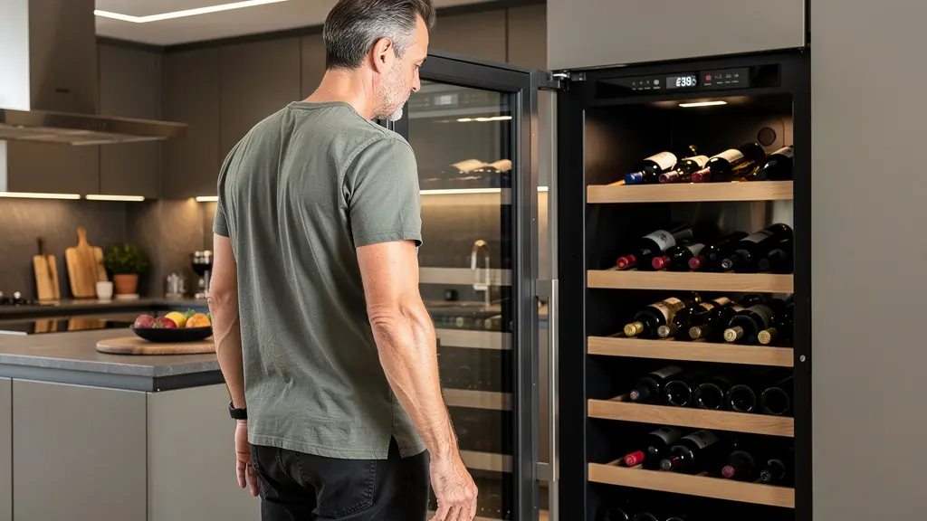 Amateur de vin inspectant sa cave à vin encastrable ouverte dans sa cuisine